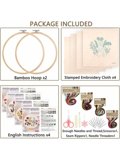 4 PCS Flower Embroidery Kit for Beginners with Pattern and Instructions, Embroidery Supplies, Cross Stitch Kits, Wooden Embroidery Hoops,Threads And Needles,Needlepoint Kit