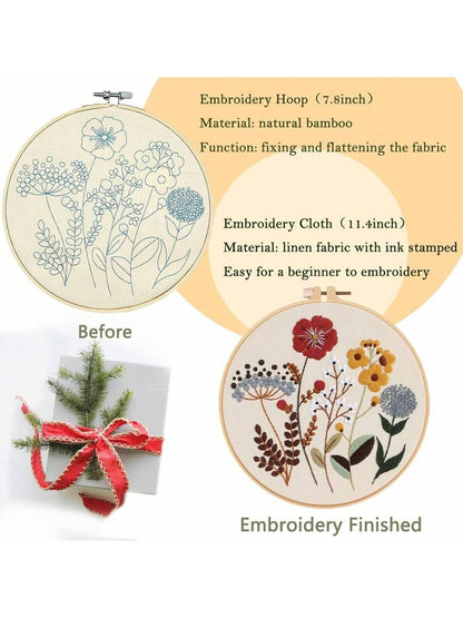 4 PCS Flower Embroidery Kit for Beginners with Pattern and Instructions, Embroidery Supplies, Cross Stitch Kits, Wooden Embroidery Hoops,Threads And Needles,Needlepoint Kit
