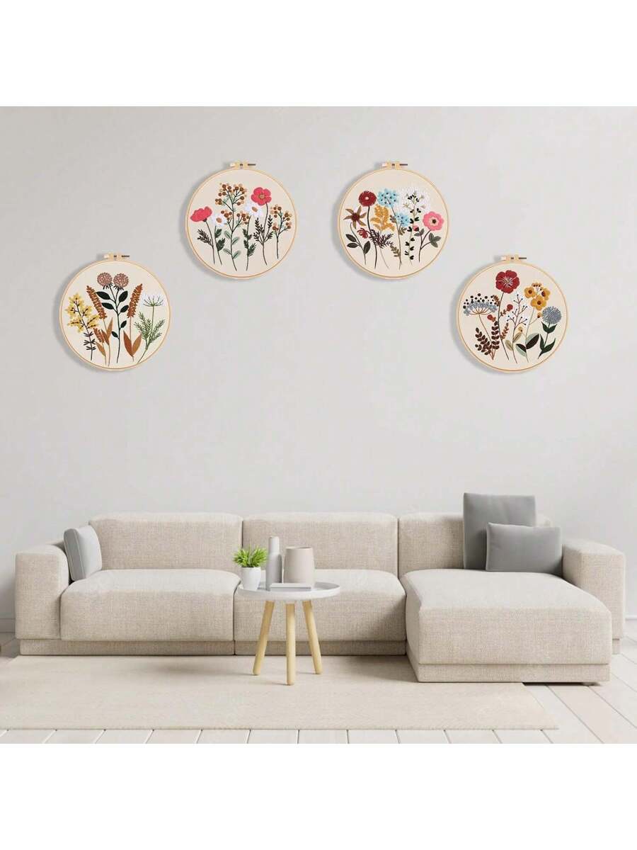 4 PCS Flower Embroidery Kit for Beginners with Pattern and Instructions, Embroidery Supplies, Cross Stitch Kits, Wooden Embroidery Hoops,Threads And Needles,Needlepoint Kit
