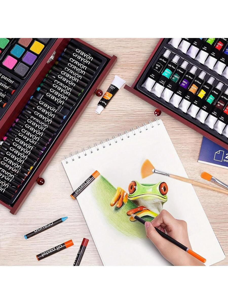 Wooden Box Painting Set 140pcs Deluxe Art Set with Crayons, Acrylic Paints, Colored Pencils
