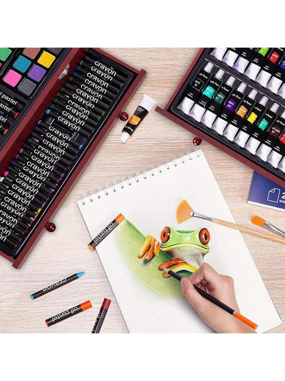 Wooden Box Painting Set 140pcs Deluxe Art Set with Crayons, Acrylic Paints, Colored Pencils
