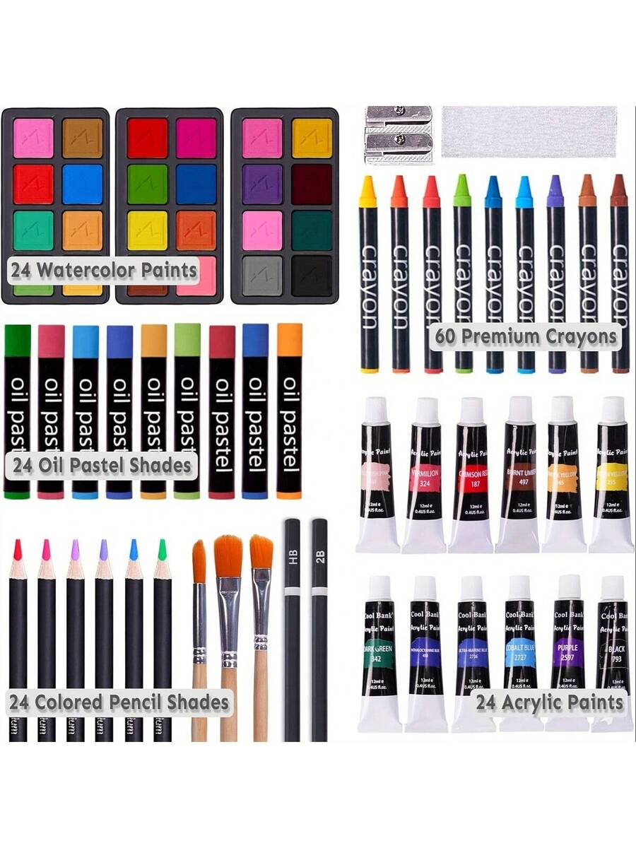 Wooden Box Painting Set 140pcs Deluxe Art Set with Crayons, Acrylic Paints, Colored Pencils