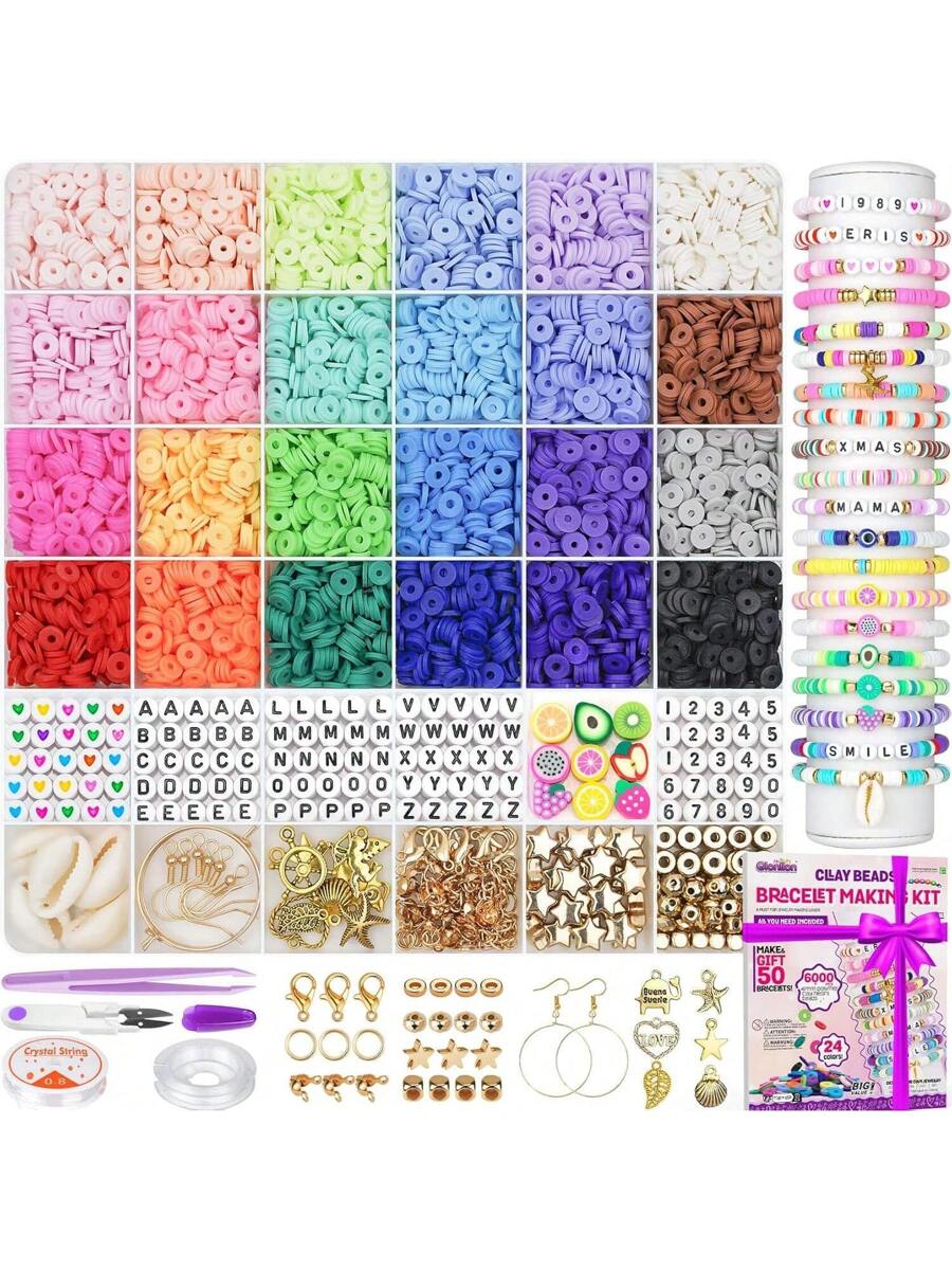 6000 Clay Beads Bracelet Making Kit, 24 Colors Flat Preppy Beads