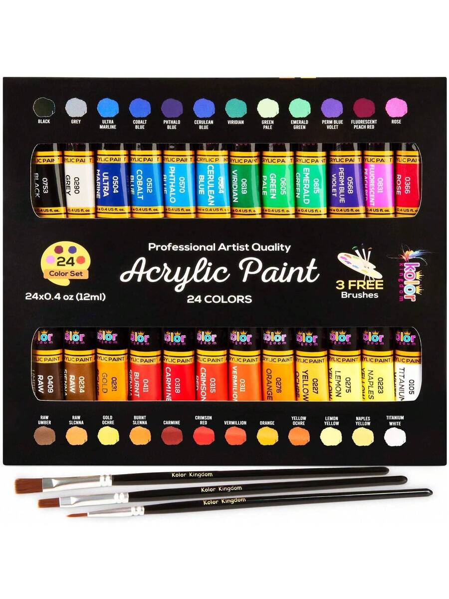 Acrylic Paint Set Canvas Art Paints, 24 Colors (0.41oz/12ml) with 3 Brushes