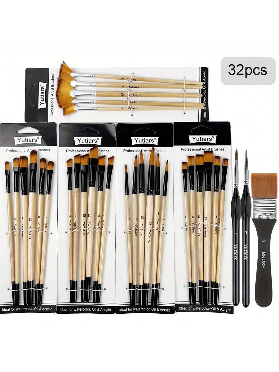 Set Of 32 Painting Brushes, Artist Series Nylon Bristles