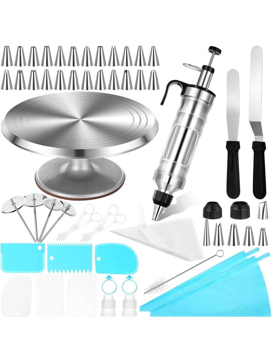 54 Pcs Aluminum Cake Decorating Tools Kit with 12-Inch Aluminum Cake Turntable
