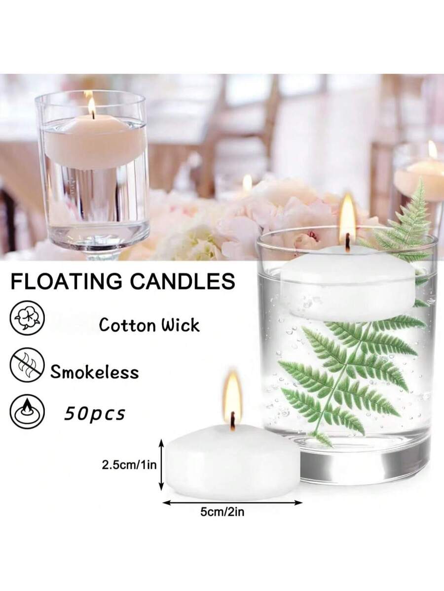 2-Inch (50) White Floating Candle Set, 4.5 Hours Burning Time