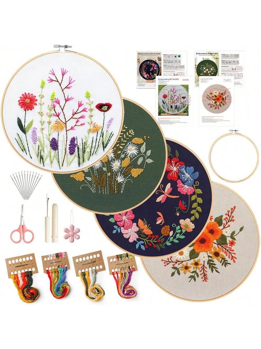 4-Pack Embroidery Kit for Beginners Adults, Starter Kit with Flower Stamped Patterns,Hoop,Tools,Colorful Threads With Needles,Step By Step Instructions,Hand Lover