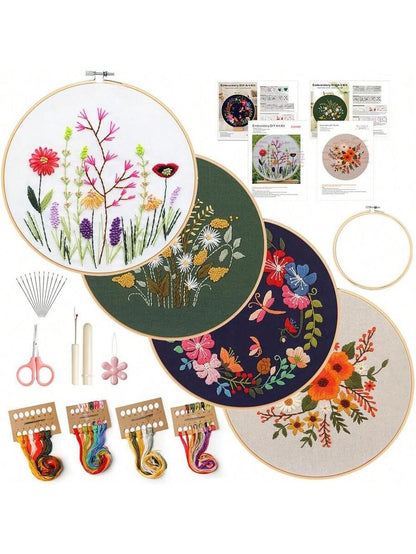 4-Pack Embroidery Kit for Beginners Adults, Starter Kit with Flower Stamped Patterns,Hoop,Tools,Colorful Threads With Needles,Step By Step Instructions,Hand Lover