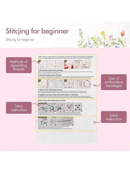 4-Pack Embroidery Kit for Beginners Adults, Starter Kit with Flower Stamped Patterns,Hoop,Tools,Colorful Threads With Needles,Step By Step Instructions,Hand Lover