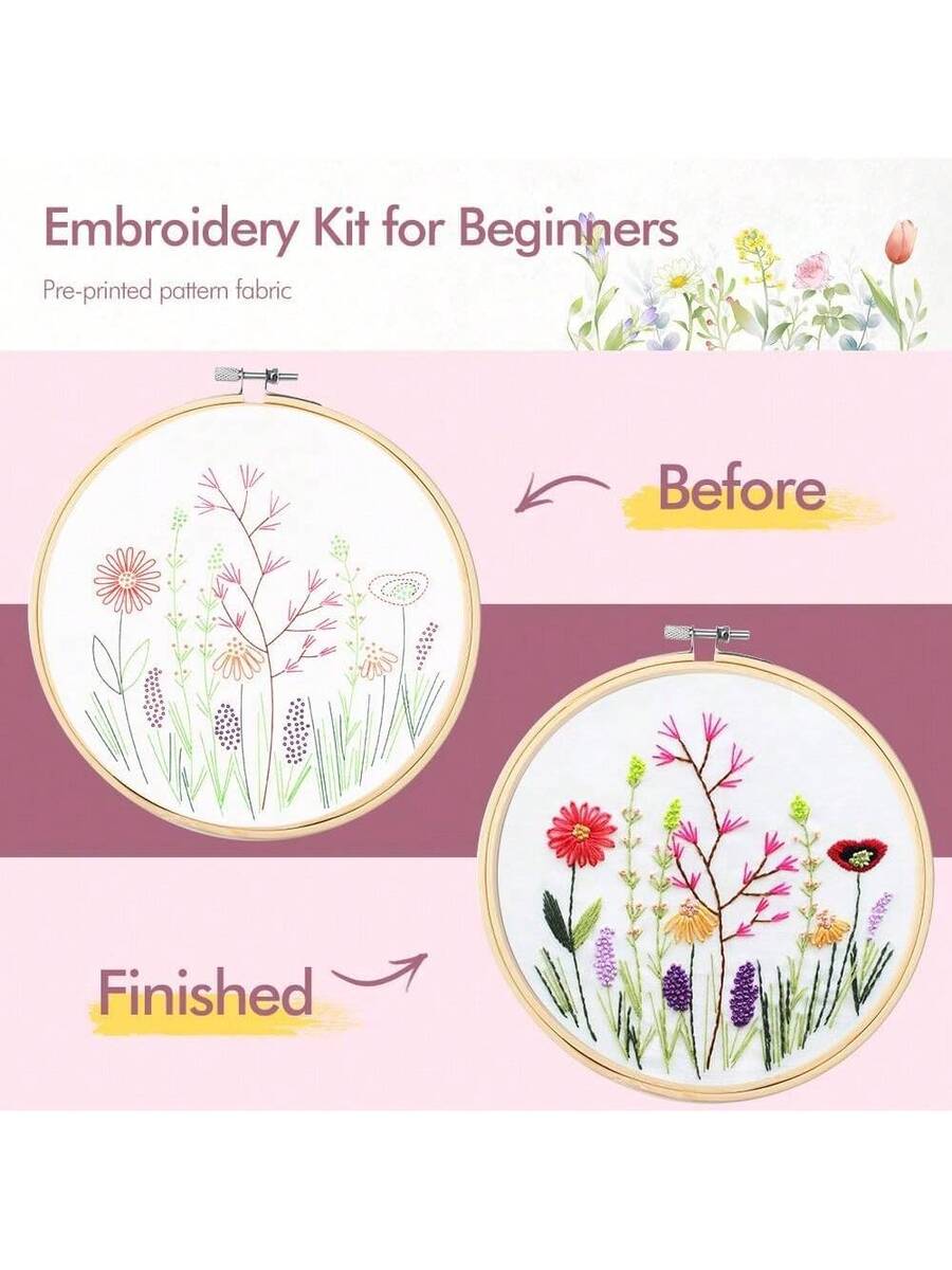4-Pack Embroidery Kit for Beginners Adults, Starter Kit with Flower Stamped Patterns,Hoop,Tools,Colorful Threads With Needles,Step By Step Instructions,Hand Lover