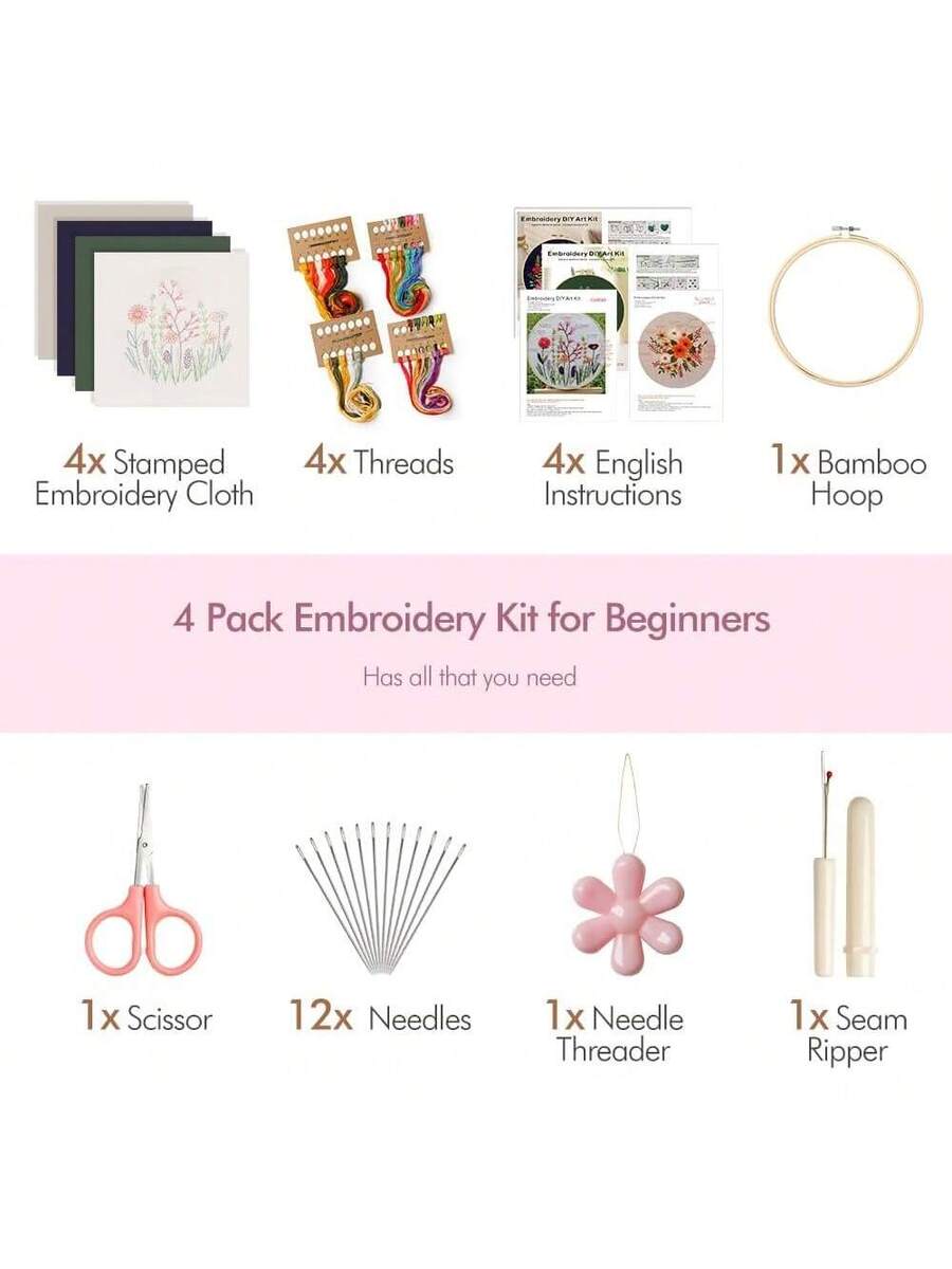 4-Pack Embroidery Kit for Beginners Adults, Starter Kit with Flower Stamped Patterns,Hoop,Tools,Colorful Threads With Needles,Step By Step Instructions,Hand Lover