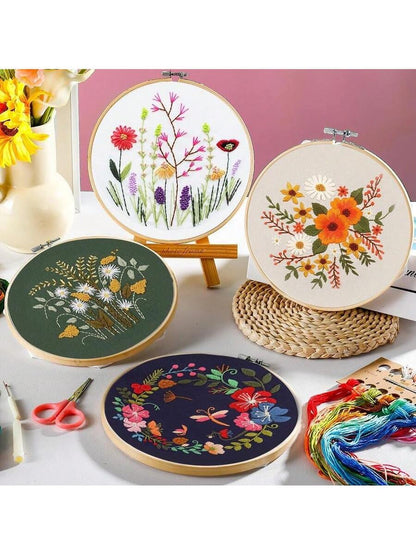 4-Pack Embroidery Kit for Beginners Adults, Starter Kit with Flower Stamped Patterns,Hoop,Tools,Colorful Threads With Needles,Step By Step Instructions,Hand Lover