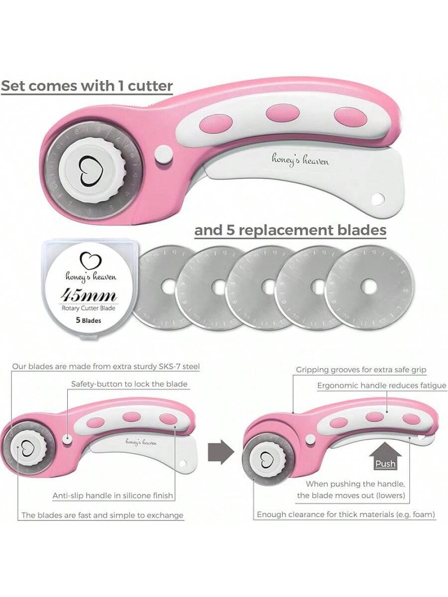 Rotary Cutter Set Turquoise Quilting Kit, A4 Cutting Mat with 45mm Fabric Cutter (Pink)