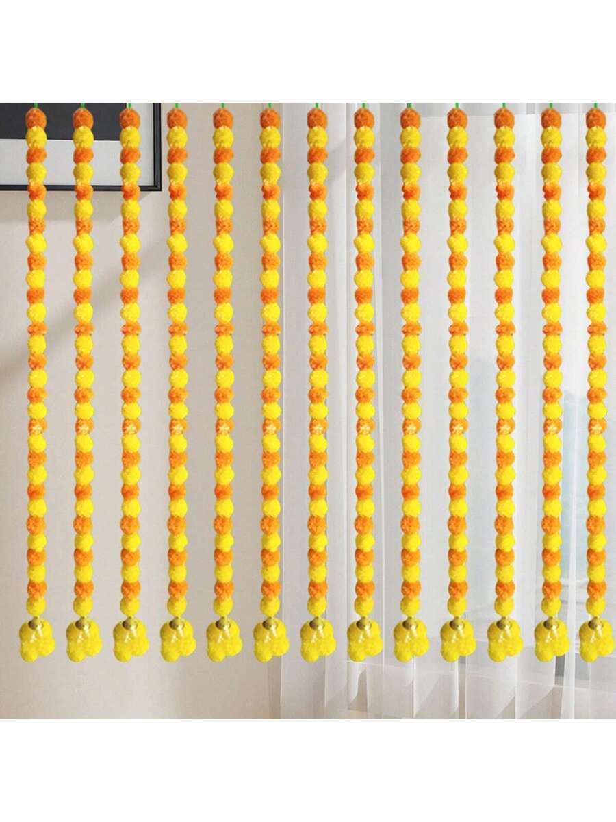 Marigold Flower Garland for Mantle Hanging, Artificial Bells Diwali Garland Wreath