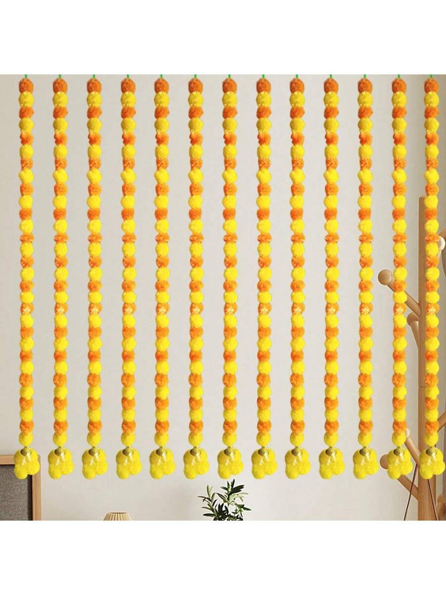 Marigold Flower Garland for Mantle Hanging, Artificial Bells Diwali Garland Wreath