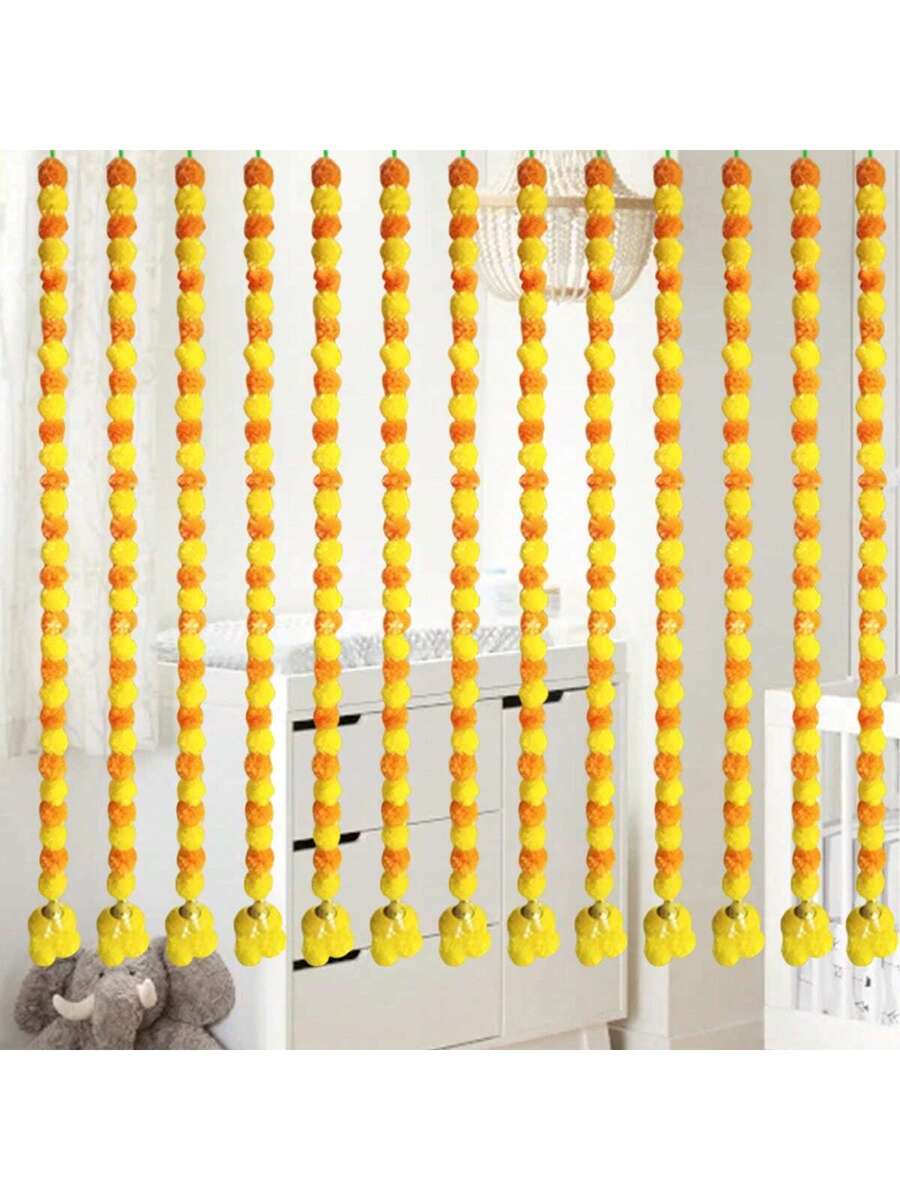 Marigold Flower Garland for Mantle Hanging, Artificial Bells Diwali Garland Wreath