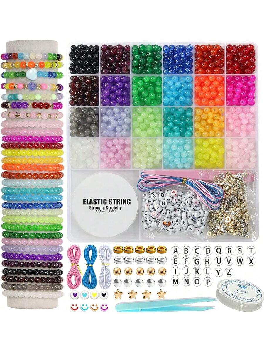 6mm Glass Bracelets 1400pcs 24 Colors, Round Glass Bracelet Making Kit Jewelry Making Kits