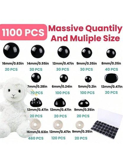 1100PCS Safety Eyes Noses for Crochet, 5-16mm Black Plastic Safety Eyes with Washers