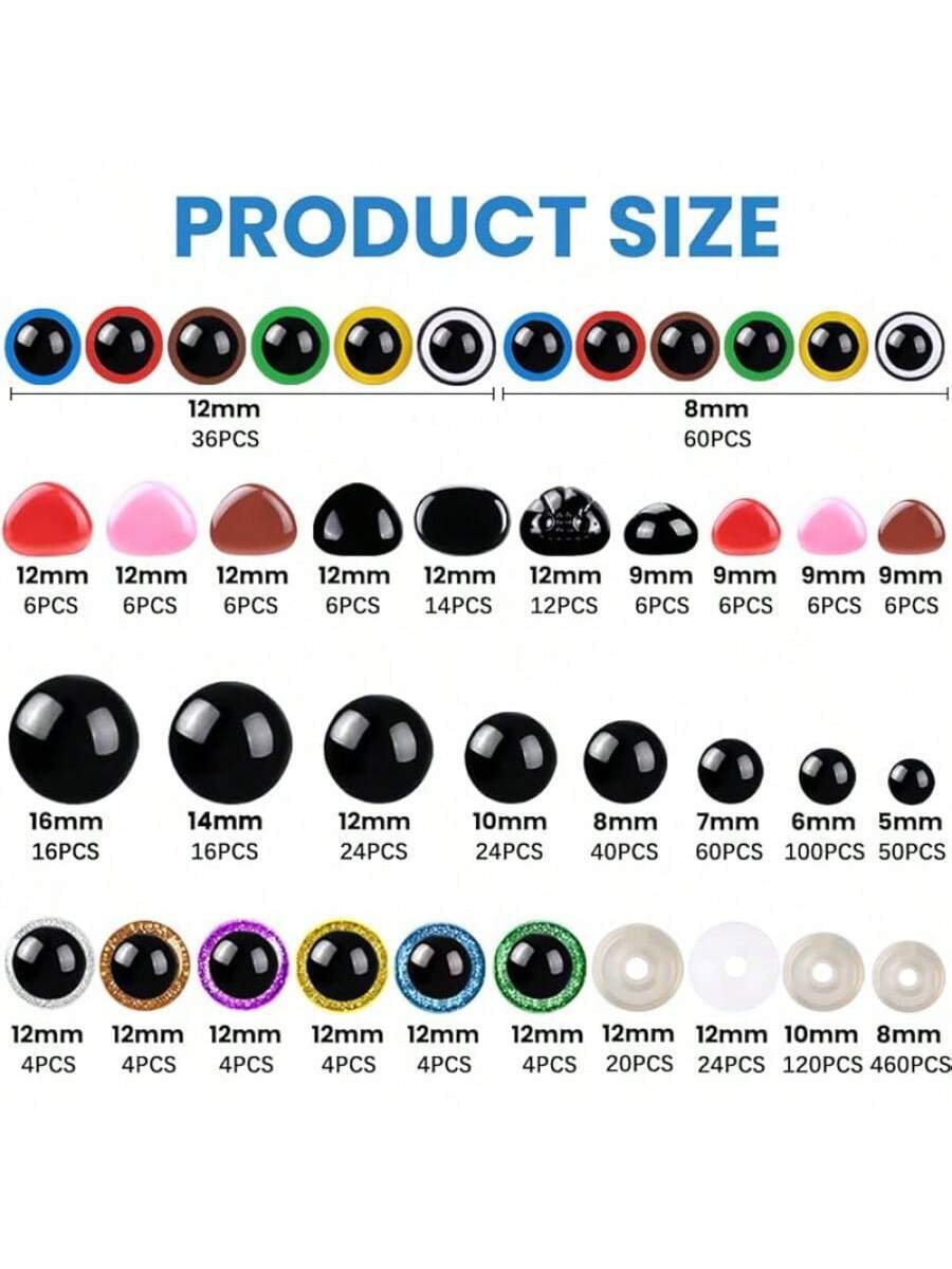 1100PCS Safety Eyes Noses for Crochet, 5-16mm Black Plastic Safety Eyes with Washers