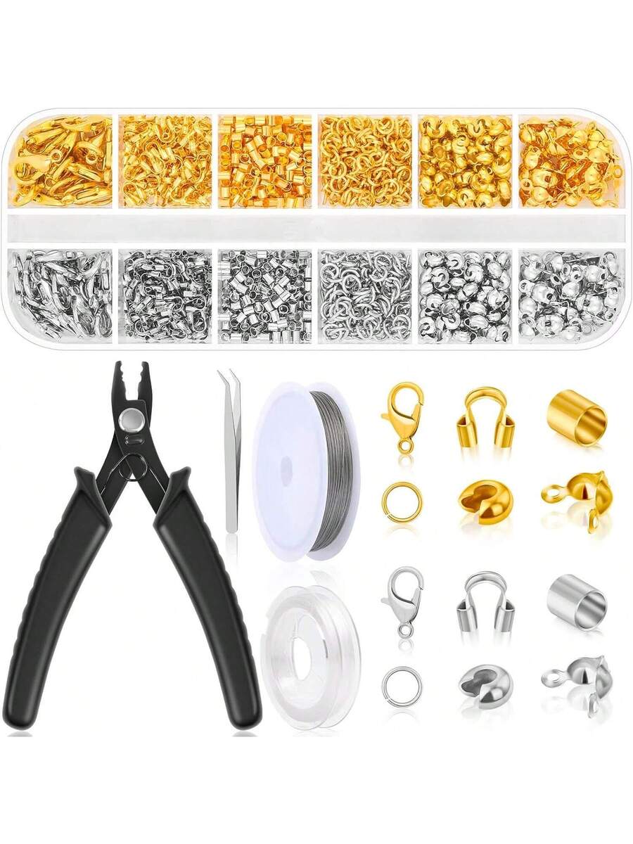 1200Pcs Crimp Beads Supplies For Jewelry Making Including Crimp Covers, Crimp Tubes, Bracelet Clasps and Closures