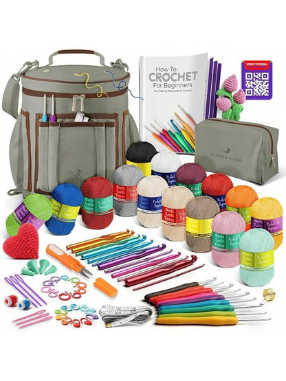 Crochet Kit for Beginners with Yarn, 21 Hooks Knitting Kit Bag with Instructions and Video Tutorials