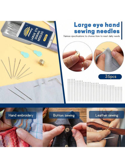35 Pcs Large Eye Sewing Needles, 7 Size Sharp Needles for Handsewing with Threader and Thimble