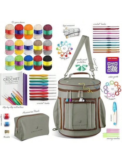 Crochet Kit for Beginners with Yarn, 21 Hooks Knitting Kit Bag with Instructions and Video Tutorials
