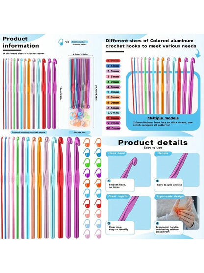 35 PCS Crochet Hooks Set, Colored Aluminum Ergonomic Handle Knitting Needles