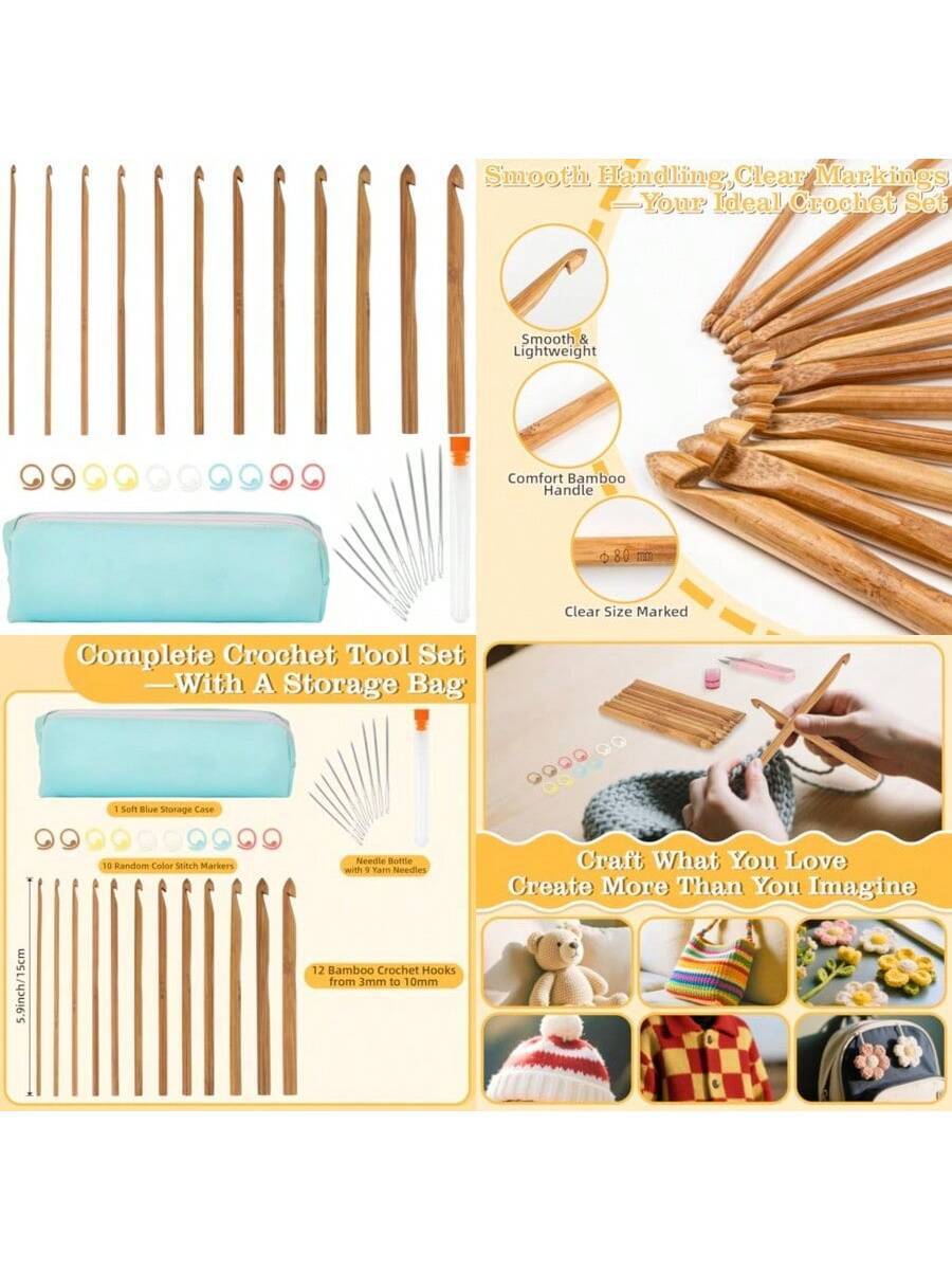 Bamboo Crochet Hooks 33-Pcs Set, 12 Sizes (3mm-12mm) with Blue Case