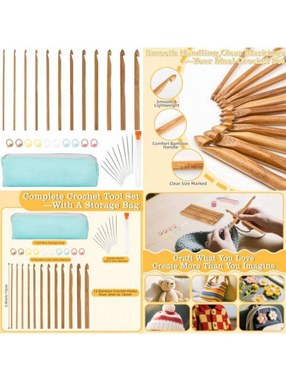 Bamboo Crochet Hooks 33-Pcs Set, 12 Sizes (3mm-12mm) with Blue Case