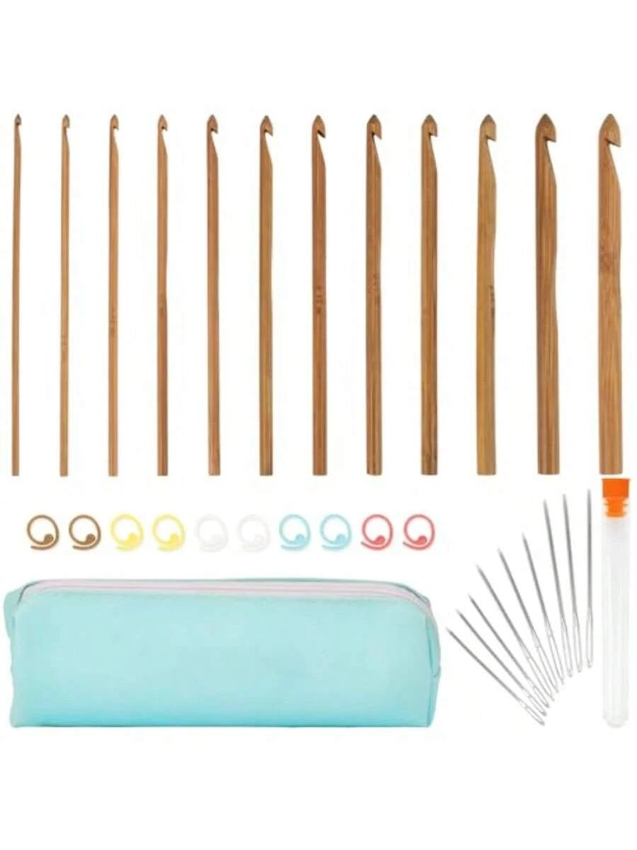 Bamboo Crochet Hooks 33-Pcs Set, 12 Sizes (3mm-12mm) with Blue Case