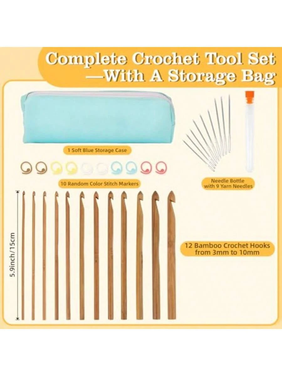 Bamboo Crochet Hooks 33-Pcs Set, 12 Sizes (3mm-12mm) with Blue Case