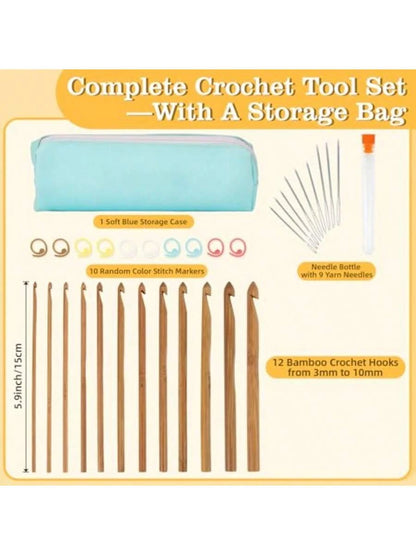 Bamboo Crochet Hooks 33-Pcs Set, 12 Sizes (3mm-12mm) with Blue Case