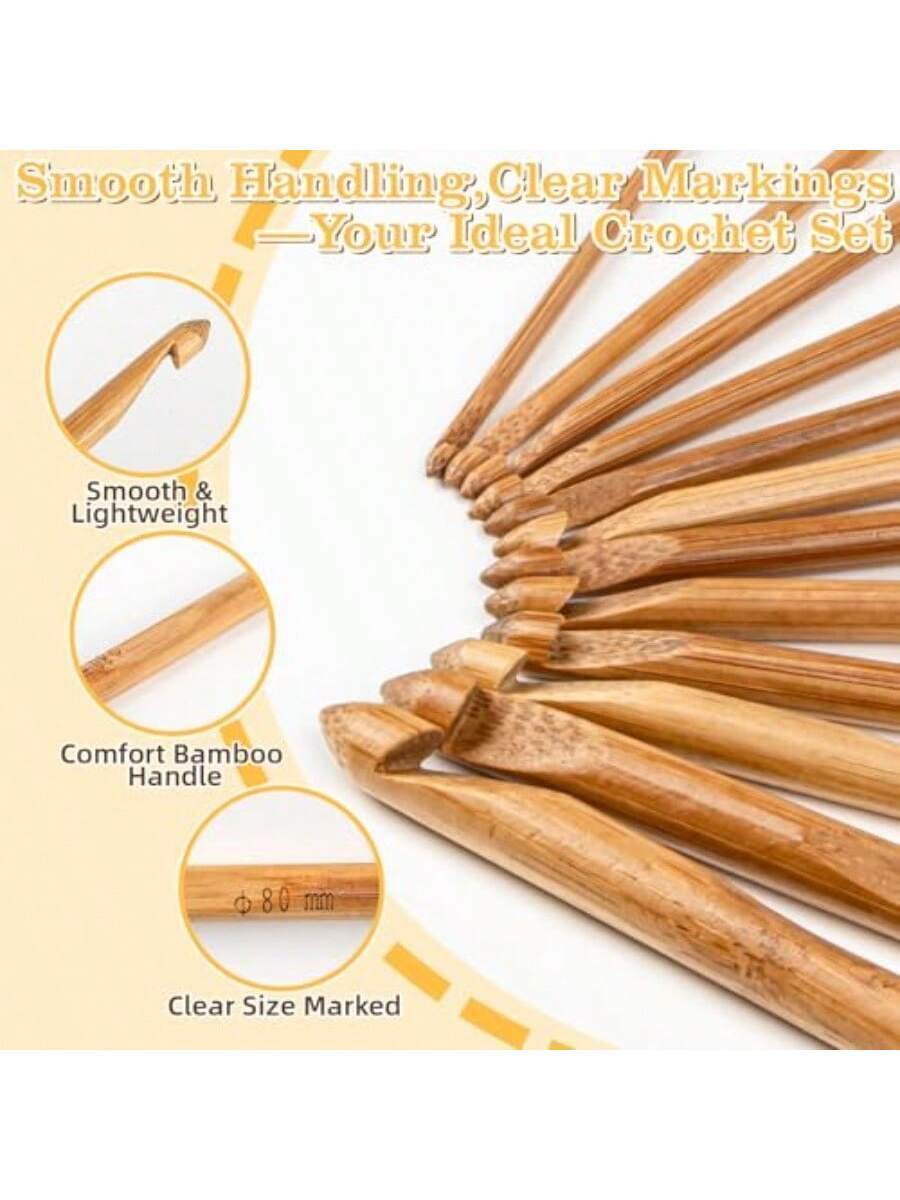 Bamboo Crochet Hooks 33-Pcs Set, 12 Sizes (3mm-12mm) with Blue Case