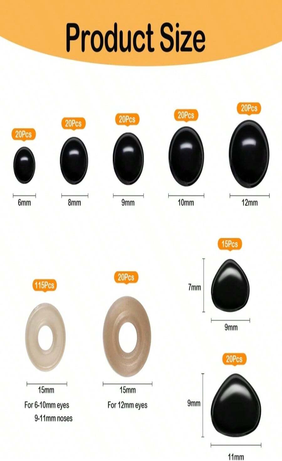 270PCS Safety Eyes and Noses, Black Plastic Eyes and Teddy Bear Nose with Washers