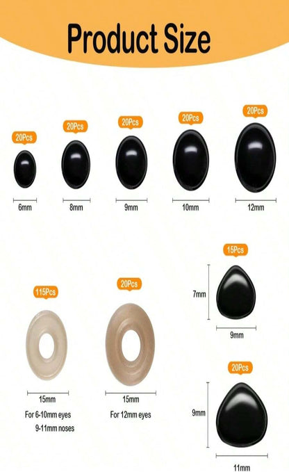 270PCS Safety Eyes and Noses, Black Plastic Eyes and Teddy Bear Nose with Washers