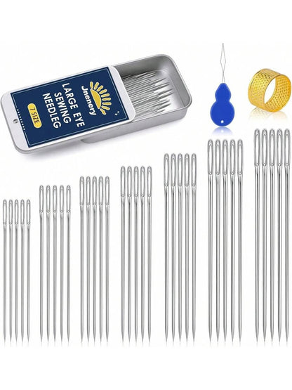 35 Pcs Large Eye Sewing Needles, 7 Size Sharp Needles for Handsewing with Threader and Thimble
