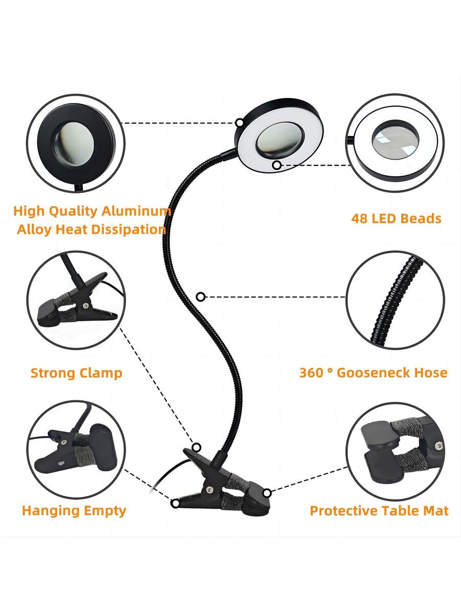 5X Magnifying Glass With Light, Clip-On Magnifier with 48 LED Desk Lamp
