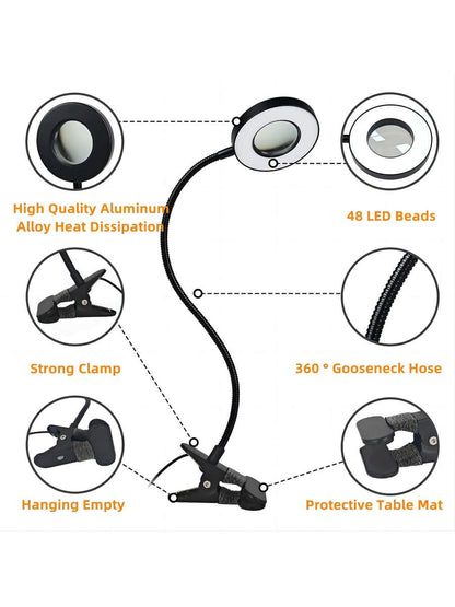 5X Magnifying Glass With Light, Clip-On Magnifier with 48 LED Desk Lamp