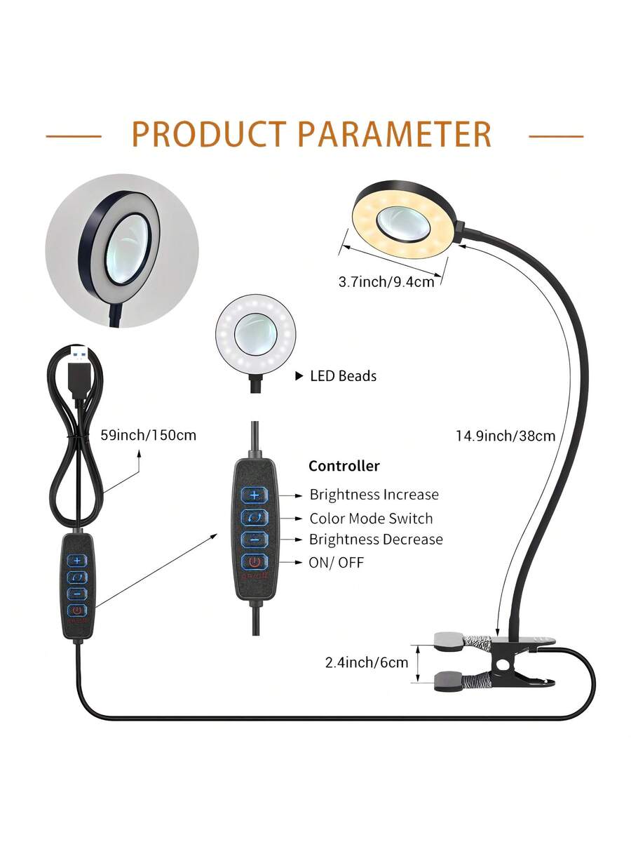5X Magnifying Glass With Light, Clip-On Magnifier with 48 LED Desk Lamp