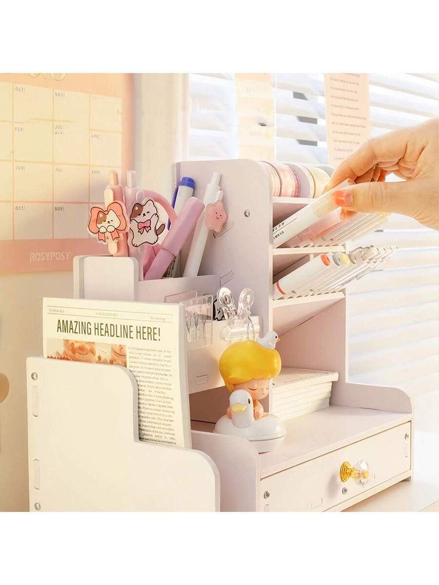 Desktop Pen Holder Storage Box Drawer Style, Large Capacity Storage Rack Slanted Pen Holder