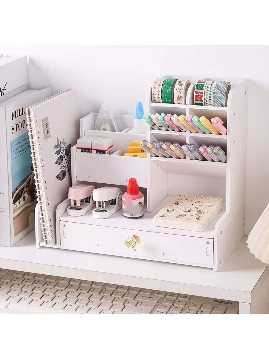 Desktop Pen Holder Storage Box Drawer Style, Large Capacity Storage Rack Slanted Pen Holder