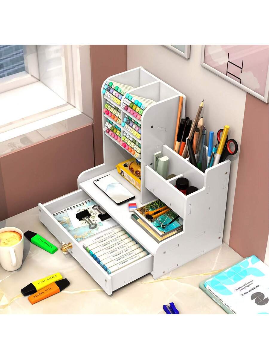 Desktop Pen Holder Storage Box Drawer Style, Large Capacity Storage Rack Slanted Pen Holder
