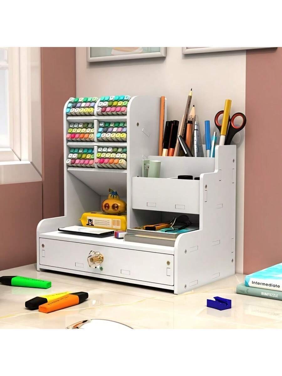 Desktop Pen Holder Storage Box Drawer Style, Large Capacity Storage Rack Slanted Pen Holder