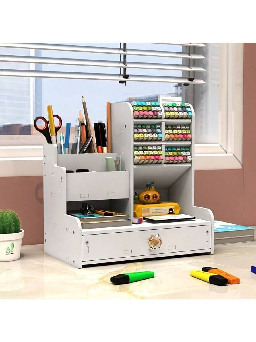 Desktop Pen Holder Storage Box Drawer Style, Large Capacity Storage Rack Slanted Pen Holder