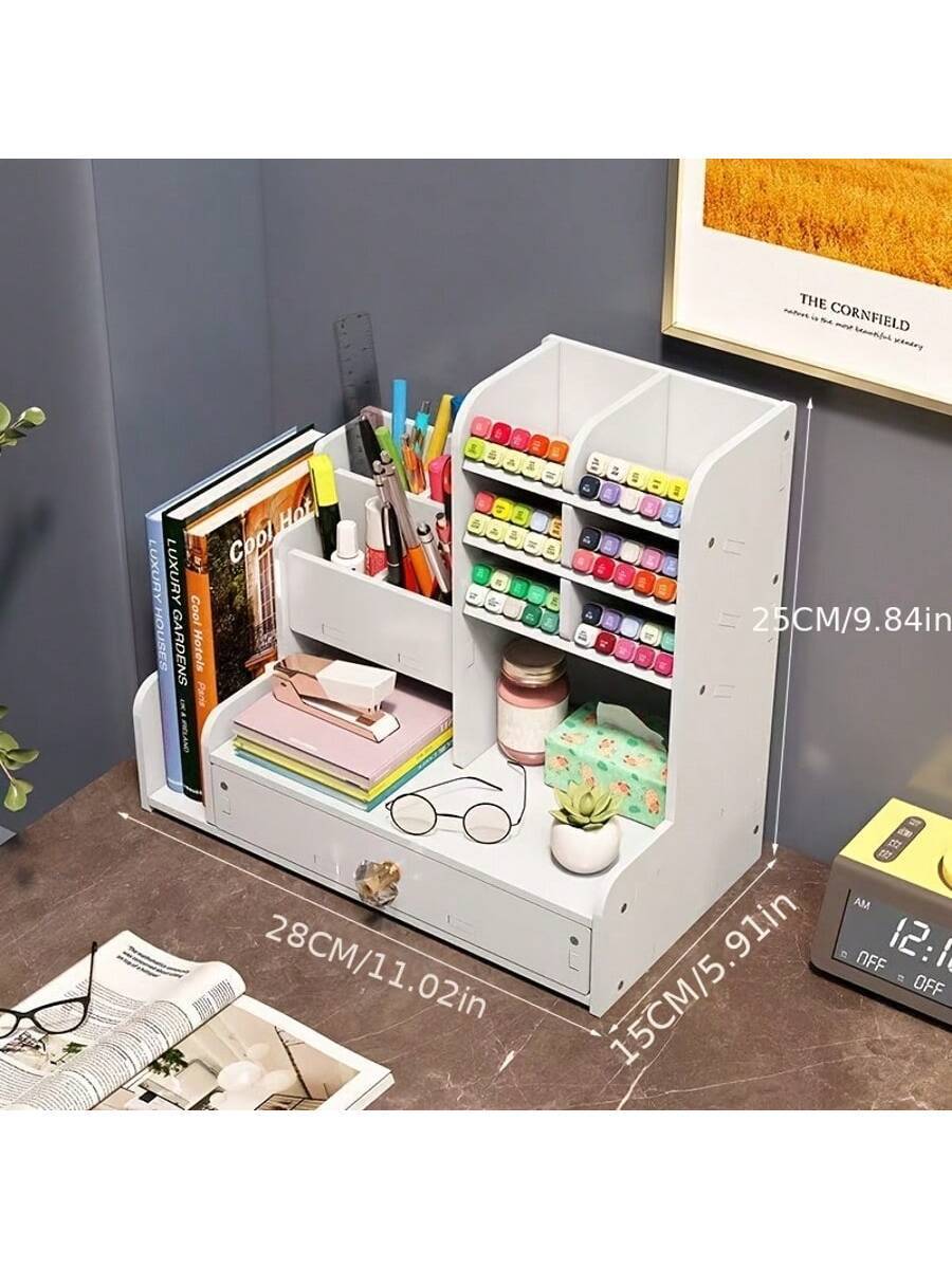 Desktop Pen Holder Storage Box Drawer Style, Large Capacity Storage Rack Slanted Pen Holder