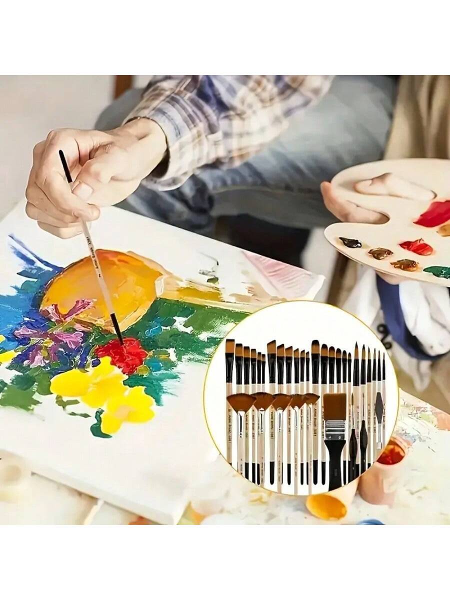 32 Nylon Paintbrush Set, Round Hazelnut Flat Fan Angled and Detail Brushes