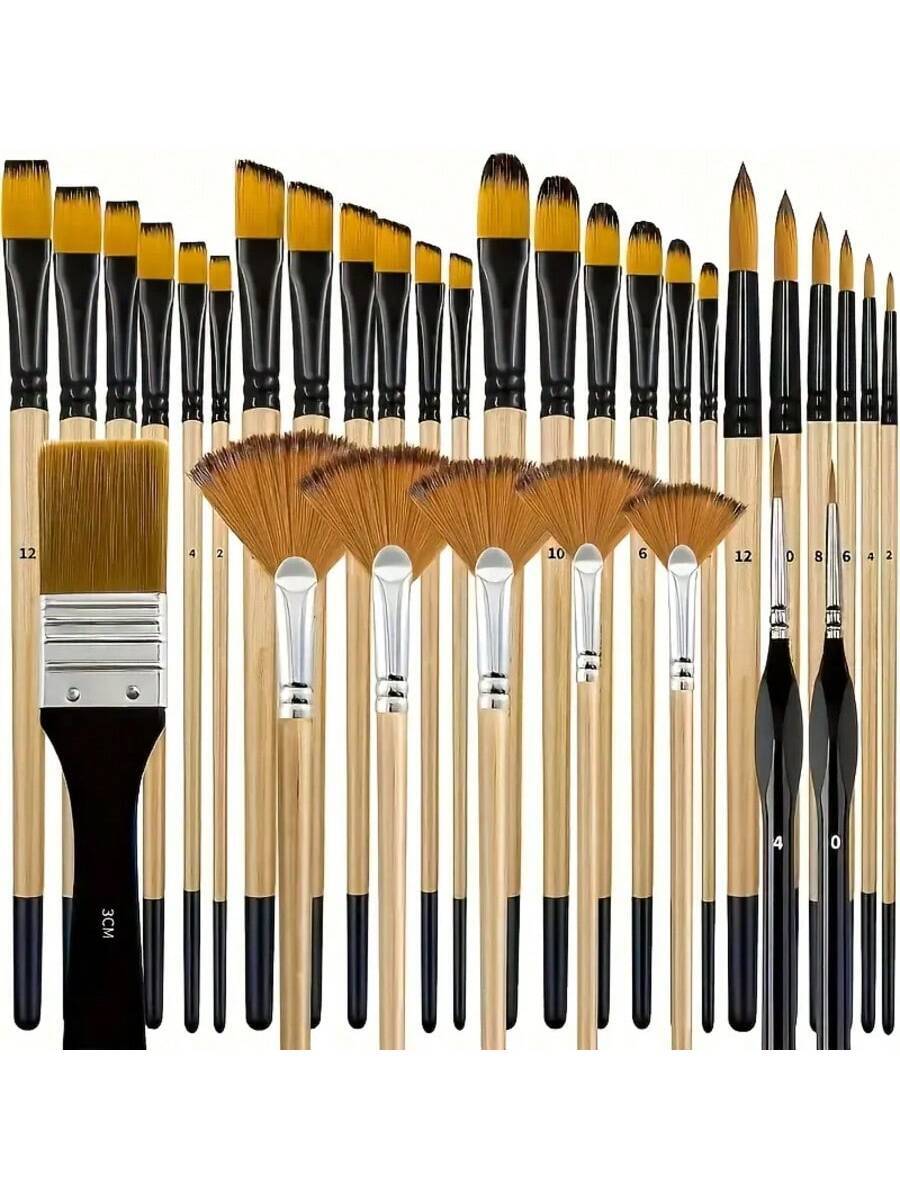 32 Nylon Paintbrush Set, Round Hazelnut Flat Fan Angled and Detail Brushes