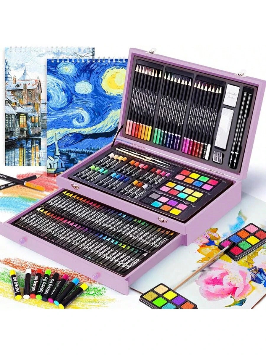 145-Piece Deluxe Art Set with 2x50 Sheet Drawing Pad in Wooden Art Box